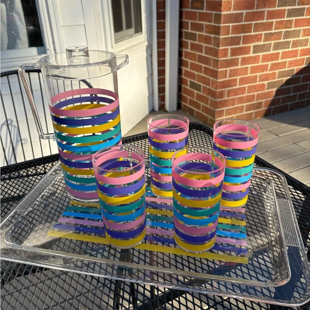 Vintage Libbey Acrylic Set - Pastel Stripe Pitcher, Tray, 4 glasses, Ice Bucket